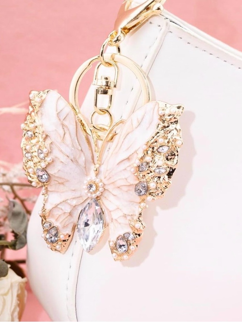 Blush Pink Crystal & Pearl Butterfly Bag Charm/Keychain - Picture 2 of 4